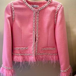 Chanel Knockoff Pink Tweed Jacket with pearl trim and Marabou